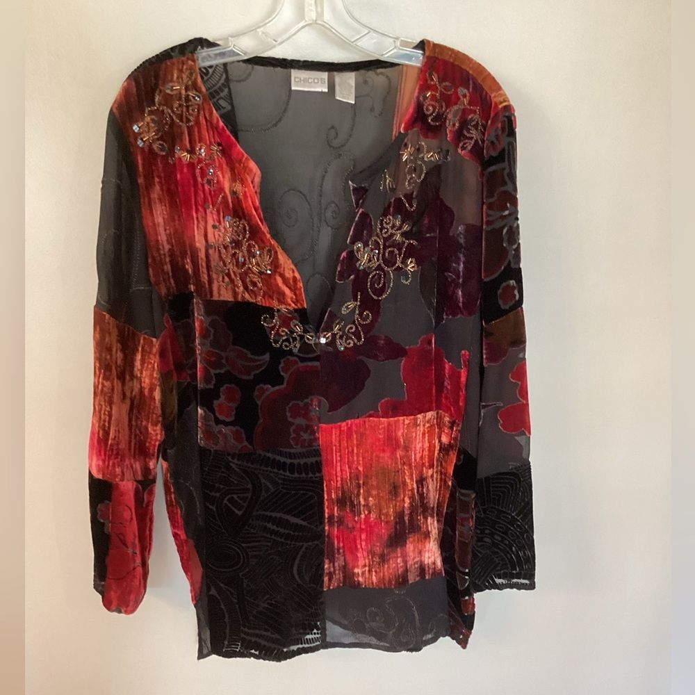 CHICO’S SIZE LARGE VELVET BURNOUT PATCHWORK BEADED V NECK TOP SHEER SILK BLEND